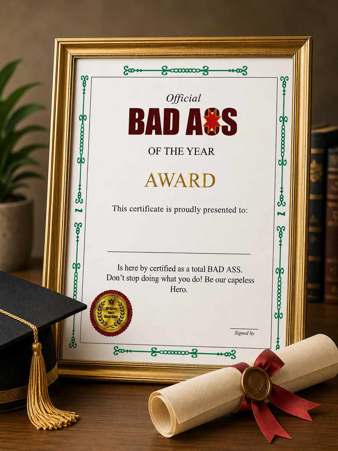 A gold-framed novelty certificate reading 'Official BAD ASS OF THE YEAR AWARD' displayed on a wooden surface,  and a rolled diploma tied with a red ribbon in front.